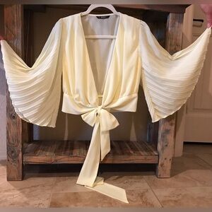 Accordion Bell Sleeve Deep V Multi Bow Tie Crop Warp Chiffon Blouse (S)